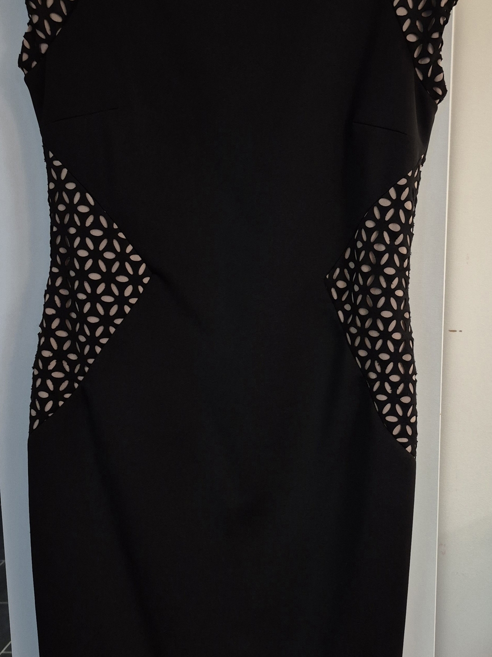 Joseph Ribkoff Black Midi Dress with Nude Lattice Insets